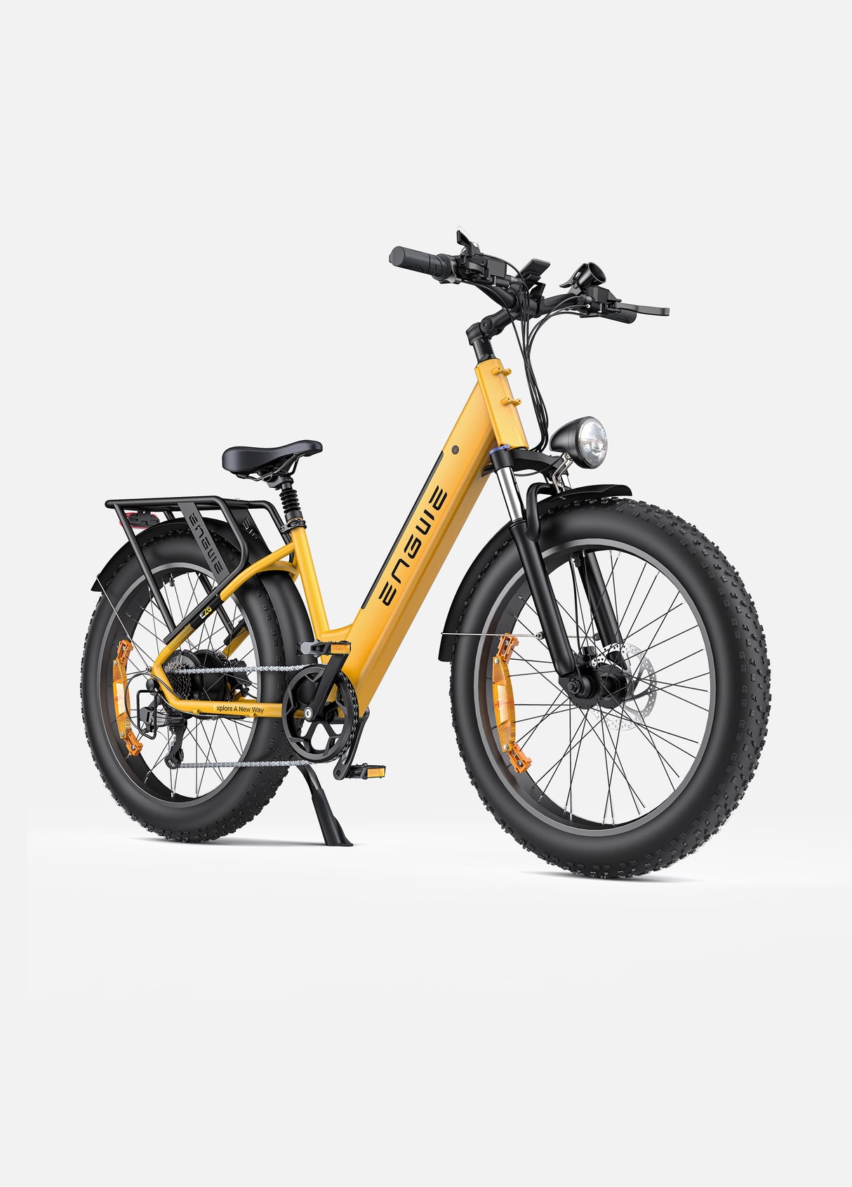 una bici elettrica a lungo raggio Engwe E26 gialla